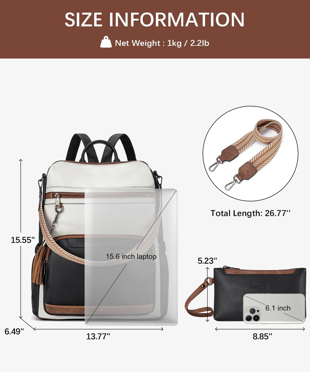 BOSTANTEN Leather Laptop Backpack for Women Designer Travel Backpack with Laptop Compartment Ladies Computer Shoulder Bags BlackBeigeBrown