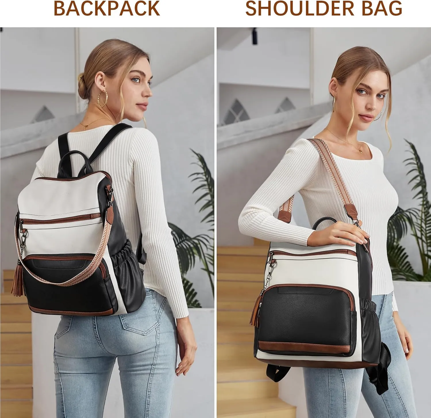 BOSTANTEN Leather Laptop Backpack for Women Designer Travel Backpack with Laptop Compartment Ladies Computer Shoulder Bags BlackBeigeBrown
