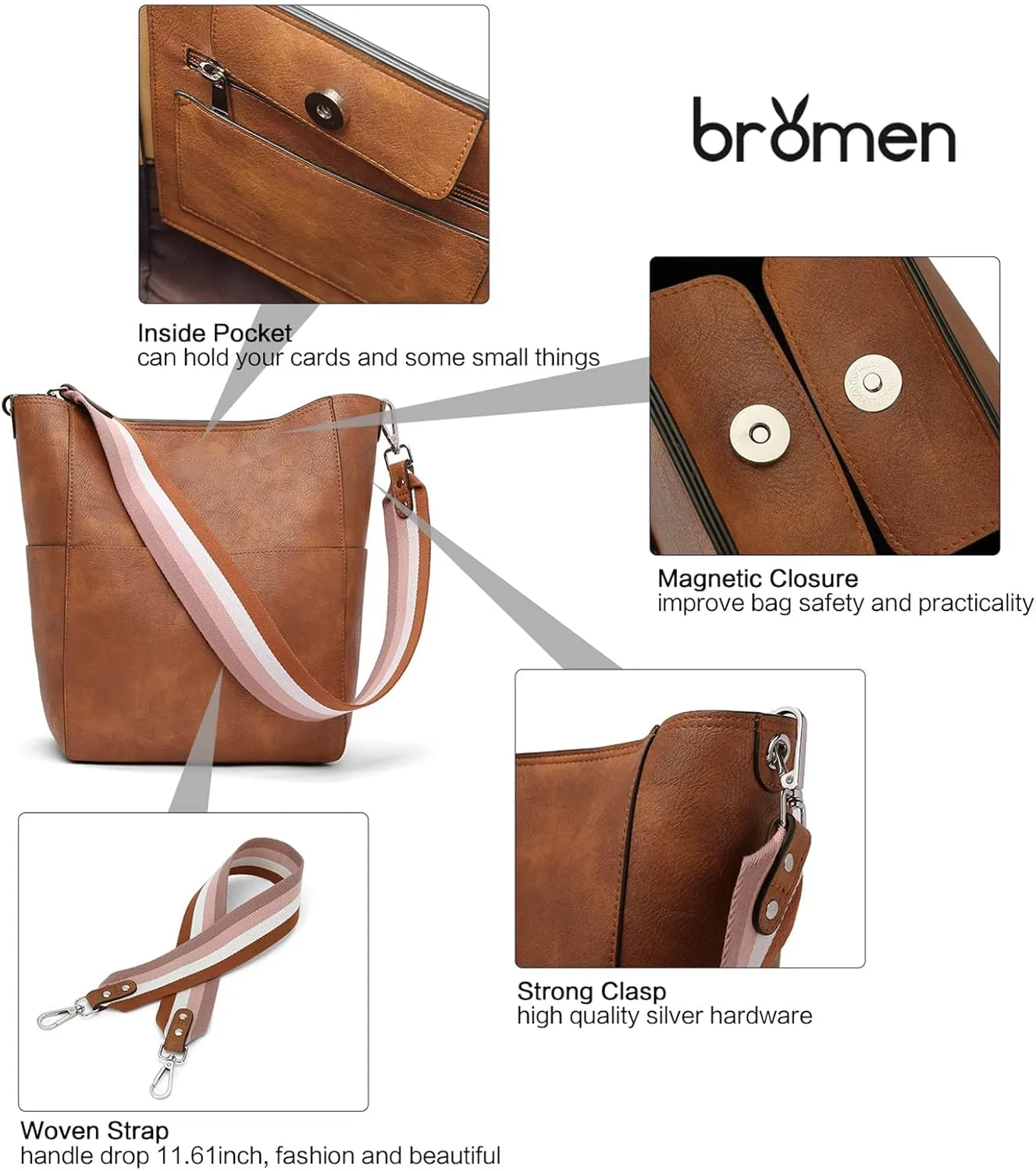 BROMEN Women Purses and Handbags Leather Hobo Bags Designer Shoulder Bucket Crossbody Purse