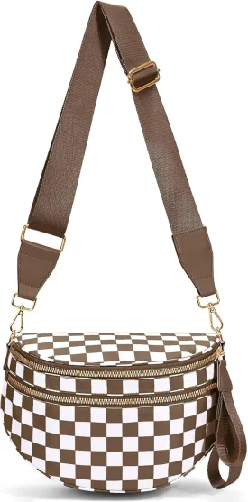 Bum Bags for Women Crossbody,Nylon Checkered Crossbody Bag Black and White Checkered Purse Oversized Slouchy Belt Bag