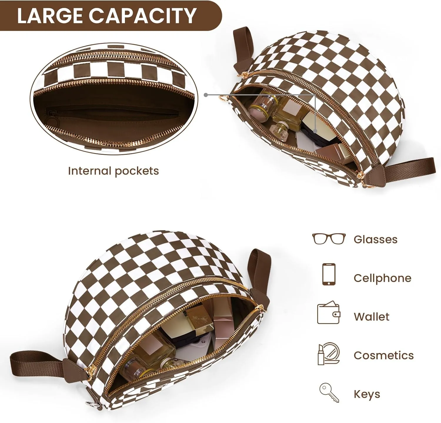 Bum Bags for Women Crossbody,Nylon Checkered Crossbody Bag Black and White Checkered Purse Oversized Slouchy Belt Bag