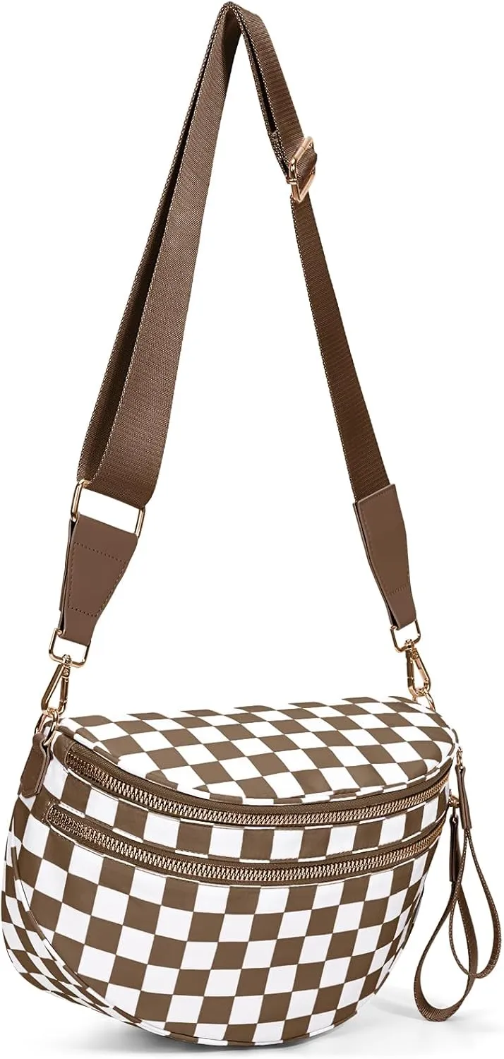 Bum Bags for Women Crossbody,Nylon Checkered Crossbody Bag Black and White Checkered Purse Oversized Slouchy Belt Bag