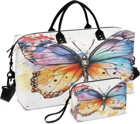 Butterfly Travel Duffle Gym Bag, Butterfly Watercolor Print Weekender for Women with Toiletry Bag Travel