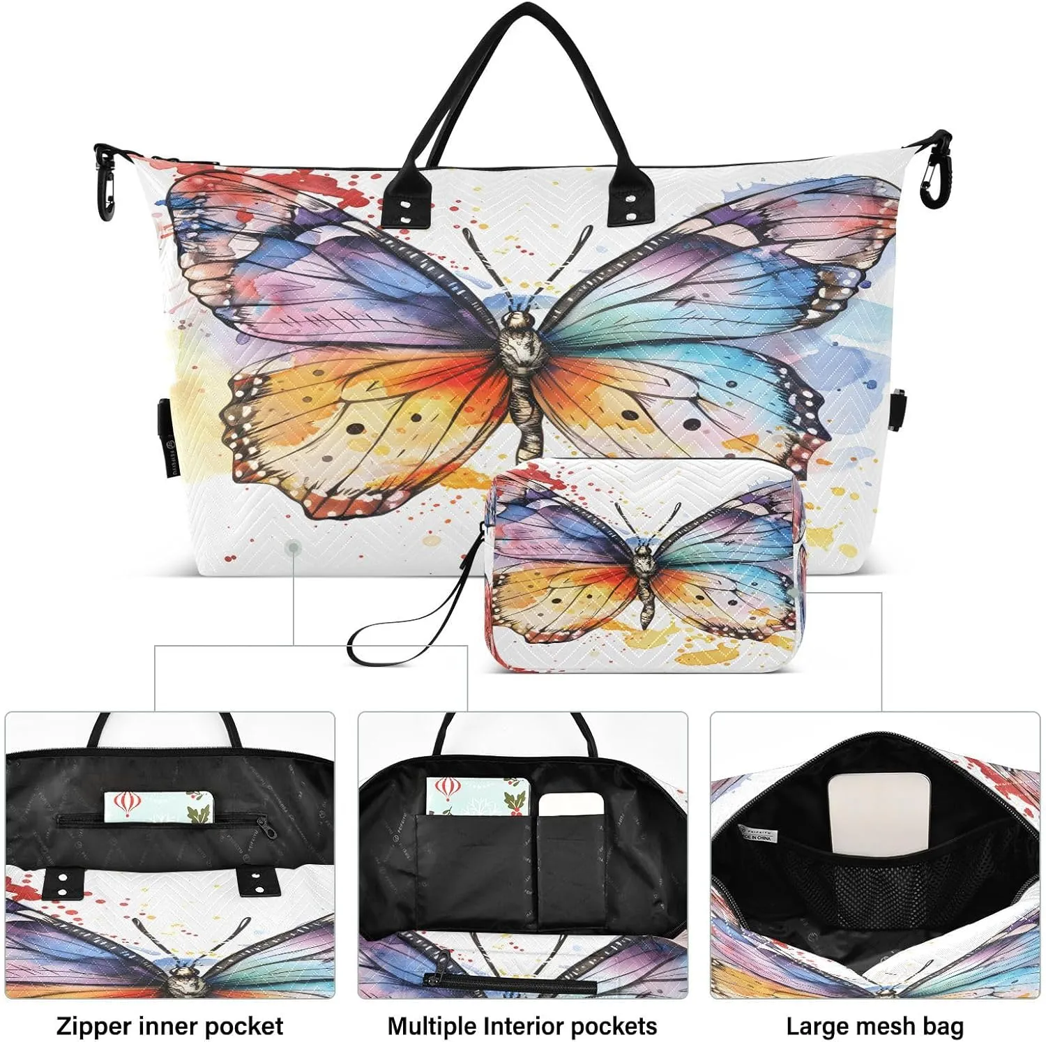 Butterfly Travel Duffle Gym Bag, Butterfly Watercolor Print Weekender for Women with Toiletry Bag Travel