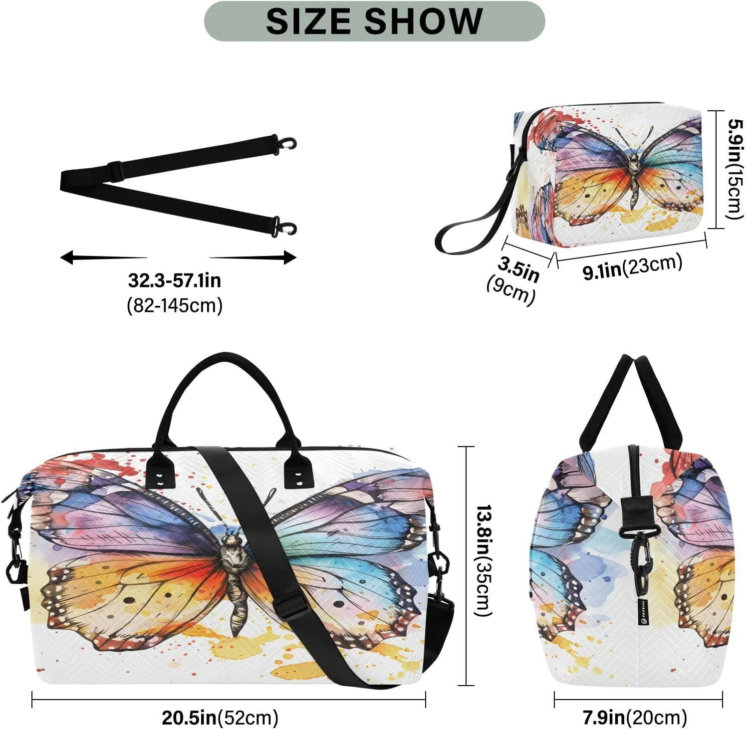 Butterfly Travel Duffle Gym Bag, Butterfly Watercolor Print Weekender for Women with Toiletry Bag Travel