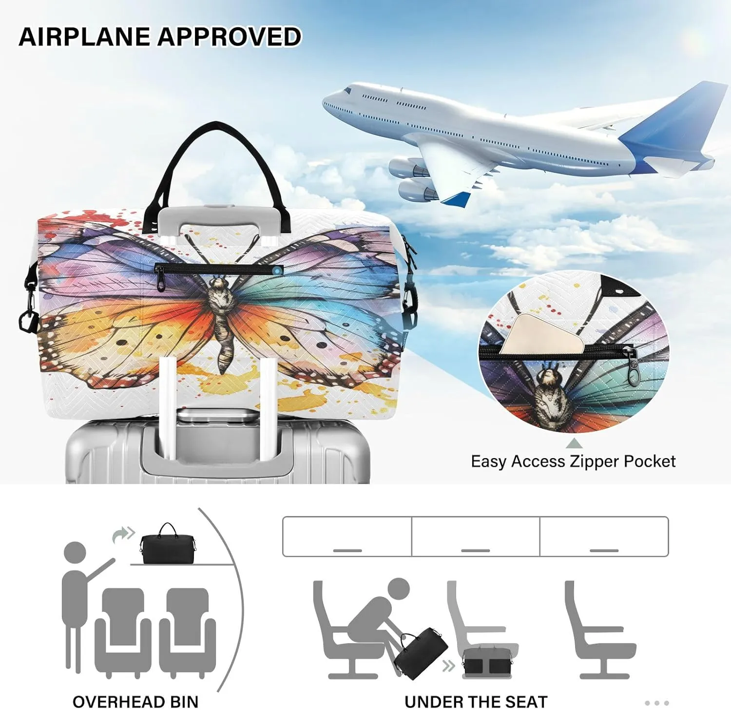 Butterfly Travel Duffle Gym Bag, Butterfly Watercolor Print Weekender for Women with Toiletry Bag Travel