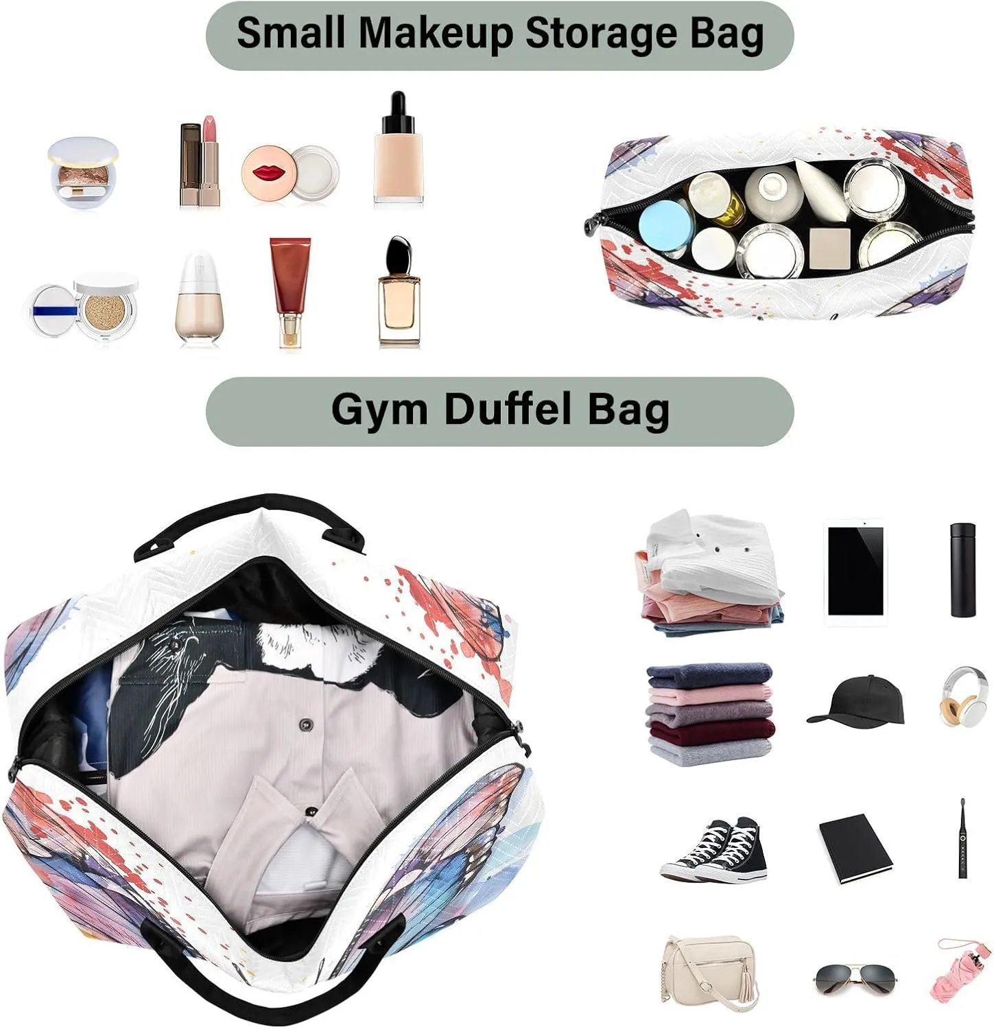 Butterfly Travel Duffle Gym Bag, Butterfly Watercolor Print Weekender for Women with Toiletry Bag Travel