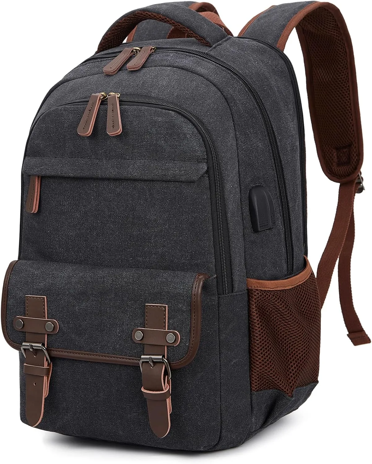Canvas Travel Laptop Backpack for Men Women, business Work Rucksack College School Computer Bag Fits 15.6 Inch Laptop, Bookbag with USB Charging Port Black