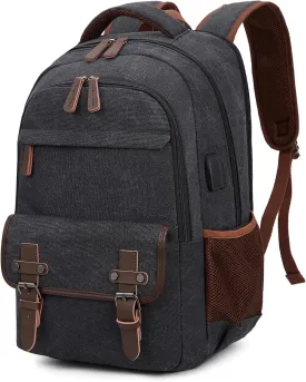 Canvas Travel Laptop Backpack for Men Women, business Work Rucksack College School Computer Bag Fits 15.6 Inch Laptop, Bookbag with USB Charging Port Black