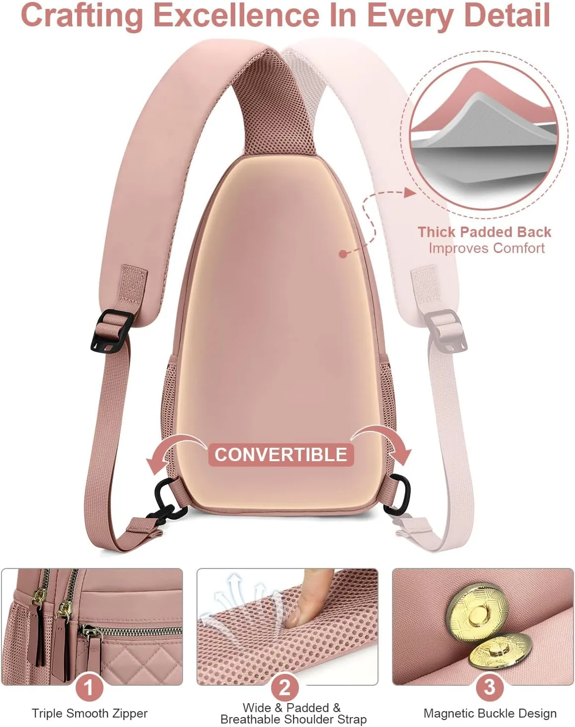 Capolo Sling Bag for Women Men Waterproof Crossbody Bags for Women Trendy Casual Fanny Pack with Convertible Shoulder Strap Chest Bag for Travel Hiking(Pink, Large)