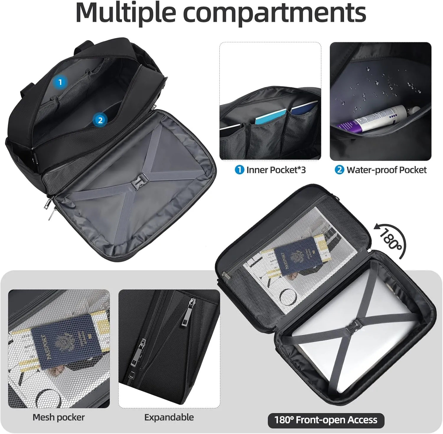 Carry-On Luggage Travel Duffel Personal Item Tote Overnight Weekender Expandable Underseat Bag with Adjustable Strap, Black