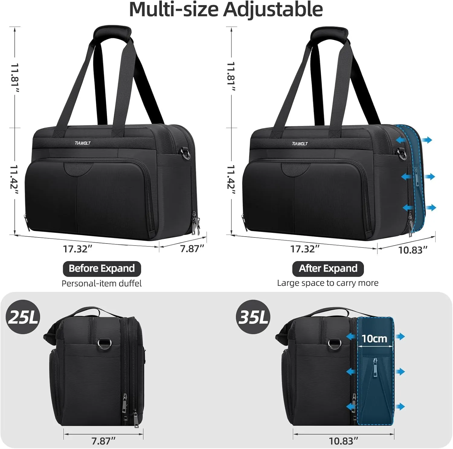 Carry-On Luggage Travel Duffel Personal Item Tote Overnight Weekender Expandable Underseat Bag with Adjustable Strap, Black