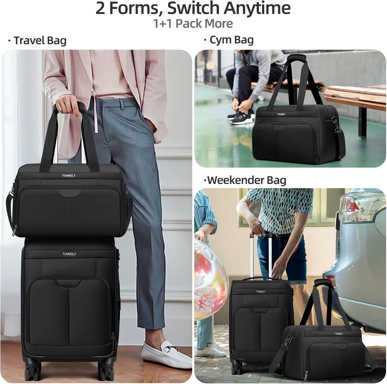 Carry-On Luggage Travel Duffel Personal Item Tote Overnight Weekender Expandable Underseat Bag with Adjustable Strap, Black