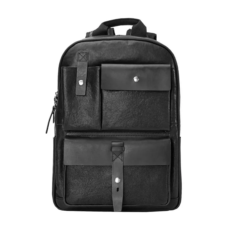 Casual Black Mens Leather School Backpacks Travel Backpacks 14-inch Laptop Backpack for men