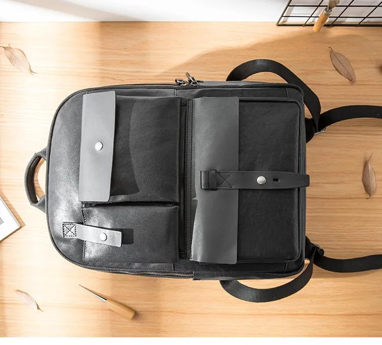 Casual Black Mens Leather School Backpacks Travel Backpacks 14-inch Laptop Backpack for men
