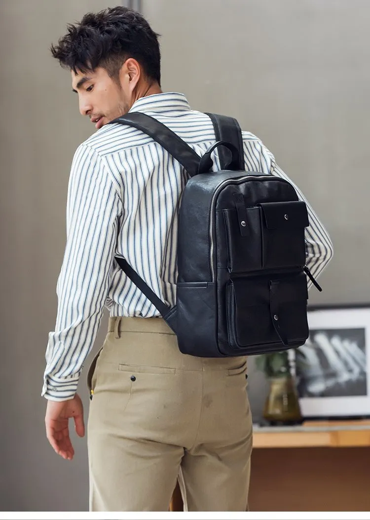 Casual Black Mens Leather School Backpacks Travel Backpacks 14-inch Laptop Backpack for men