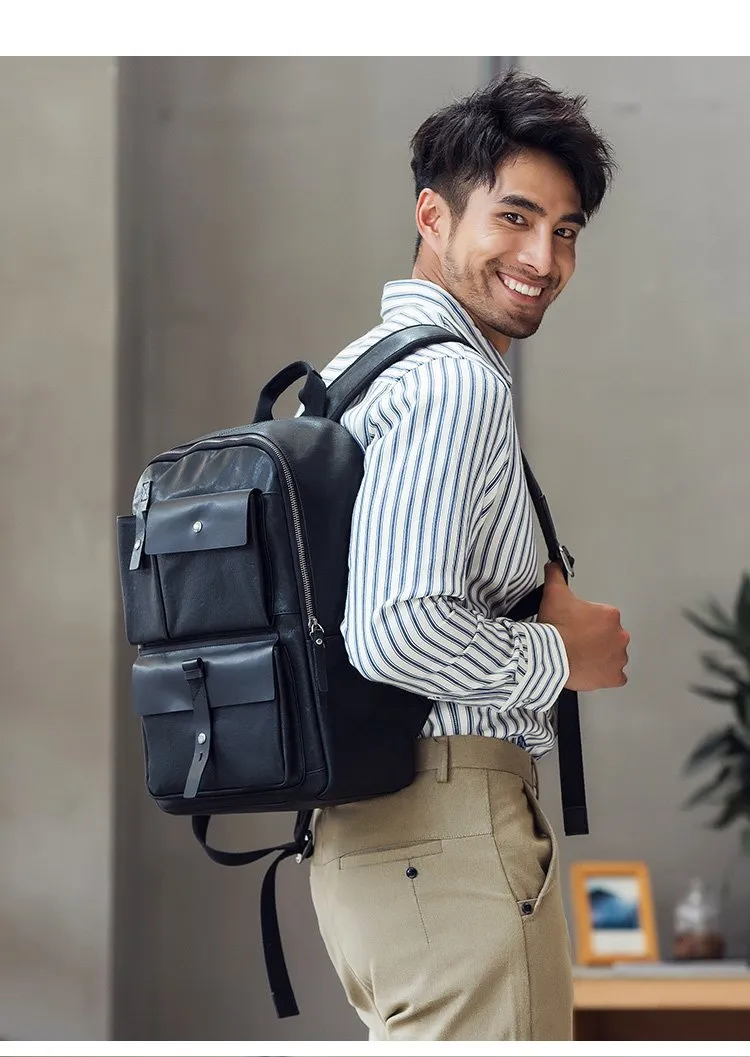 Casual Black Mens Leather School Backpacks Travel Backpacks 14-inch Laptop Backpack for men