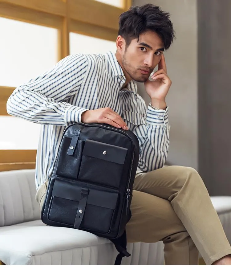 Casual Black Mens Leather School Backpacks Travel Backpacks 14-inch Laptop Backpack for men