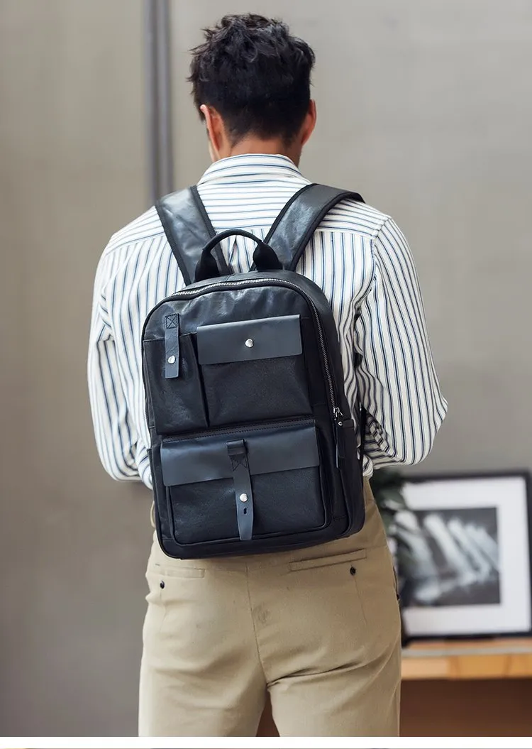 Casual Black Mens Leather School Backpacks Travel Backpacks 14-inch Laptop Backpack for men