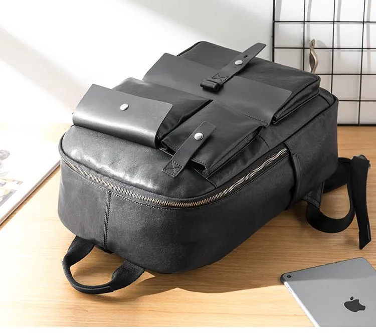 Casual Black Mens Leather School Backpacks Travel Backpacks 14-inch Laptop Backpack for men