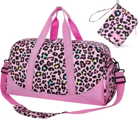 Choco Mocha Kids Duffle Bag & Passport Holder Girls ages 9-12 for Travel Cheetah Pink