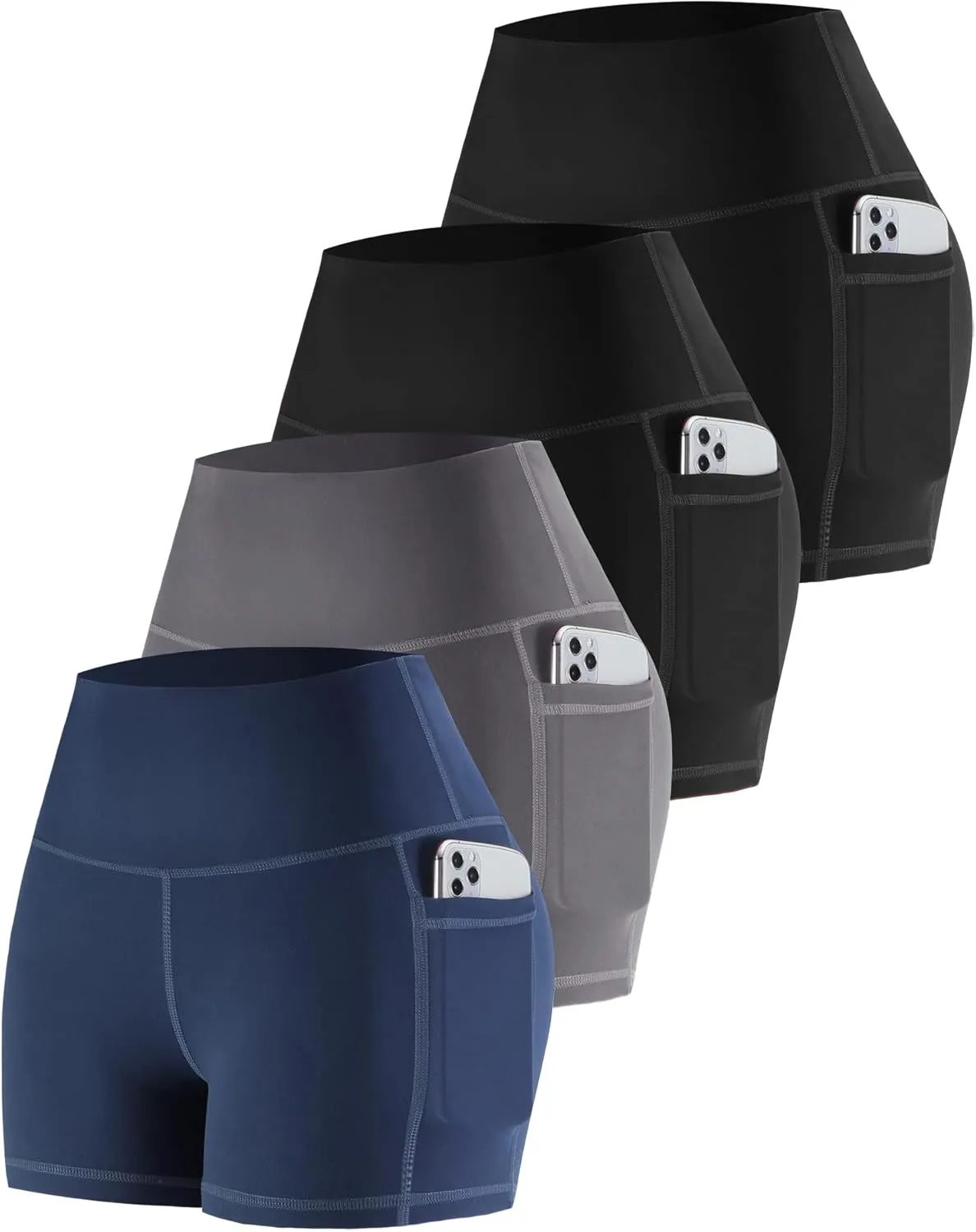 CHRLEISURE Womens Biker Yoga Shorts with Pockets: High Waisted Tummy Control Spandex Workout Athletic Gym Shorts 4 Packs