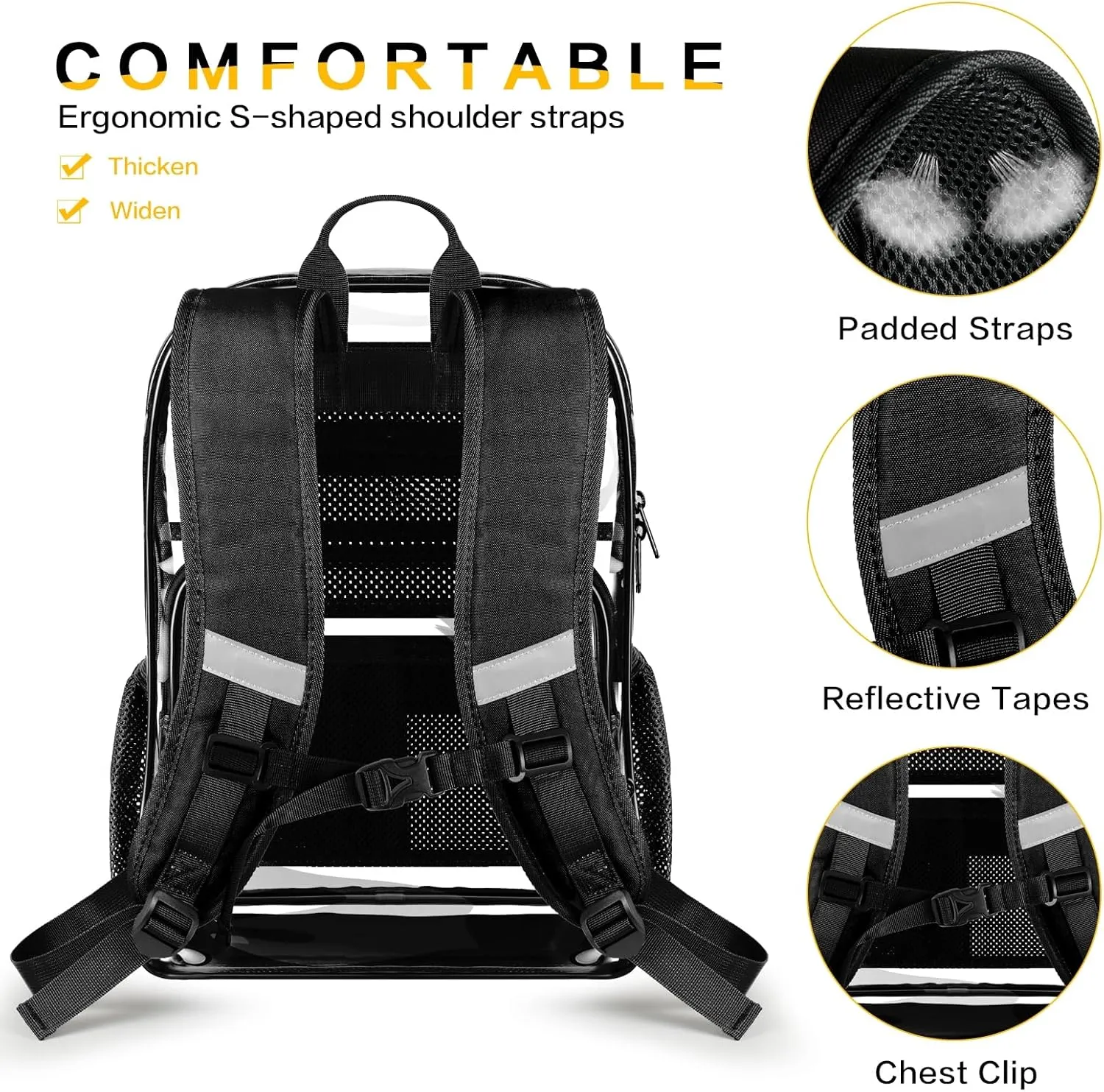 Clear Backpack Heavy Duty Large Transparent Backpack with Reinforced Bottom Multi-pockets for College, Travel, Workplace Security - Black