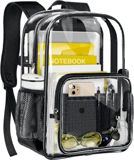 Clear Backpack Heavy Duty Large Transparent Backpack with Reinforced Bottom Multi-pockets for College, Travel, Workplace Security - Black