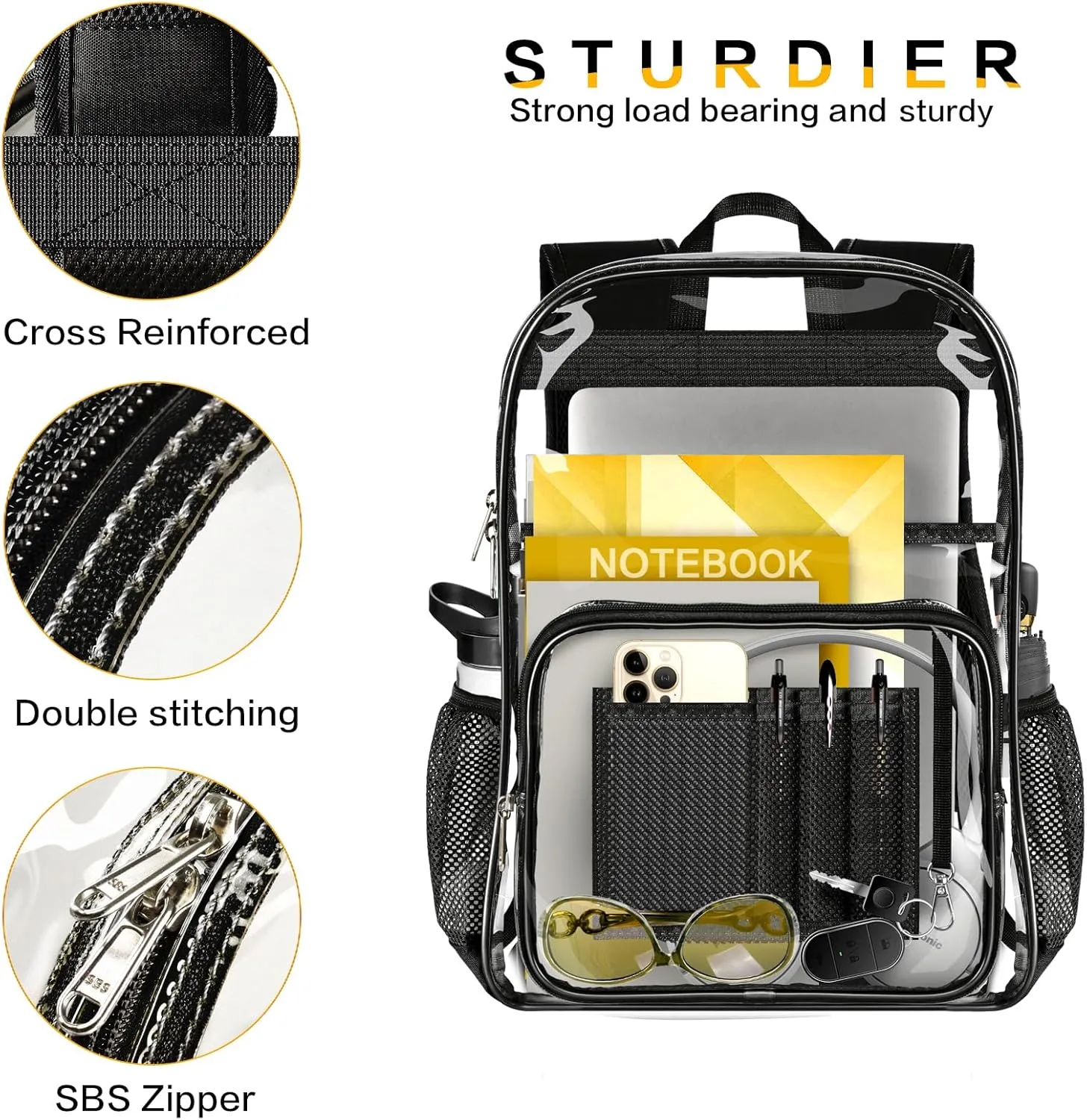 Clear Backpack Heavy Duty Large Transparent Backpack with Reinforced Bottom Multi-pockets for College, Travel, Workplace Security - Black