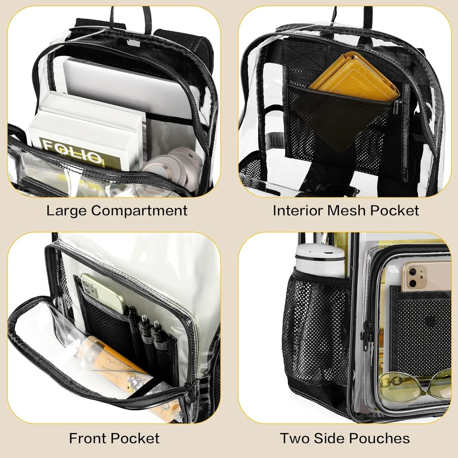 Clear Backpack Heavy Duty Large Transparent Backpack with Reinforced Bottom Multi-pockets for College, Travel, Workplace Security - Black
