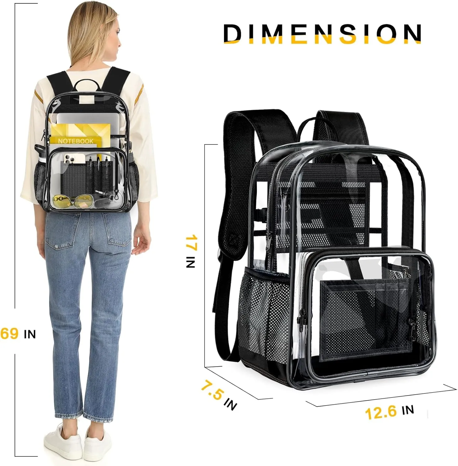 Clear Backpack Heavy Duty Large Transparent Backpack with Reinforced Bottom Multi-pockets for College, Travel, Workplace Security - Black