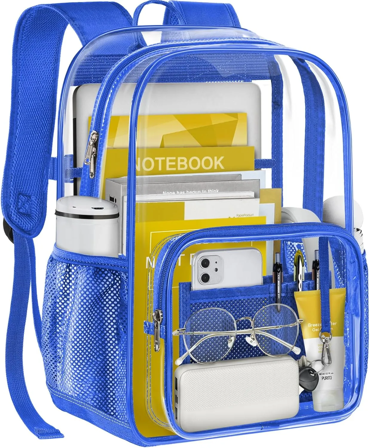 Clear Backpack Heavy Duty Large Transparent Backpack with Reinforced Bottom Multi-pockets for College, Travel, Workplace Security - Blue