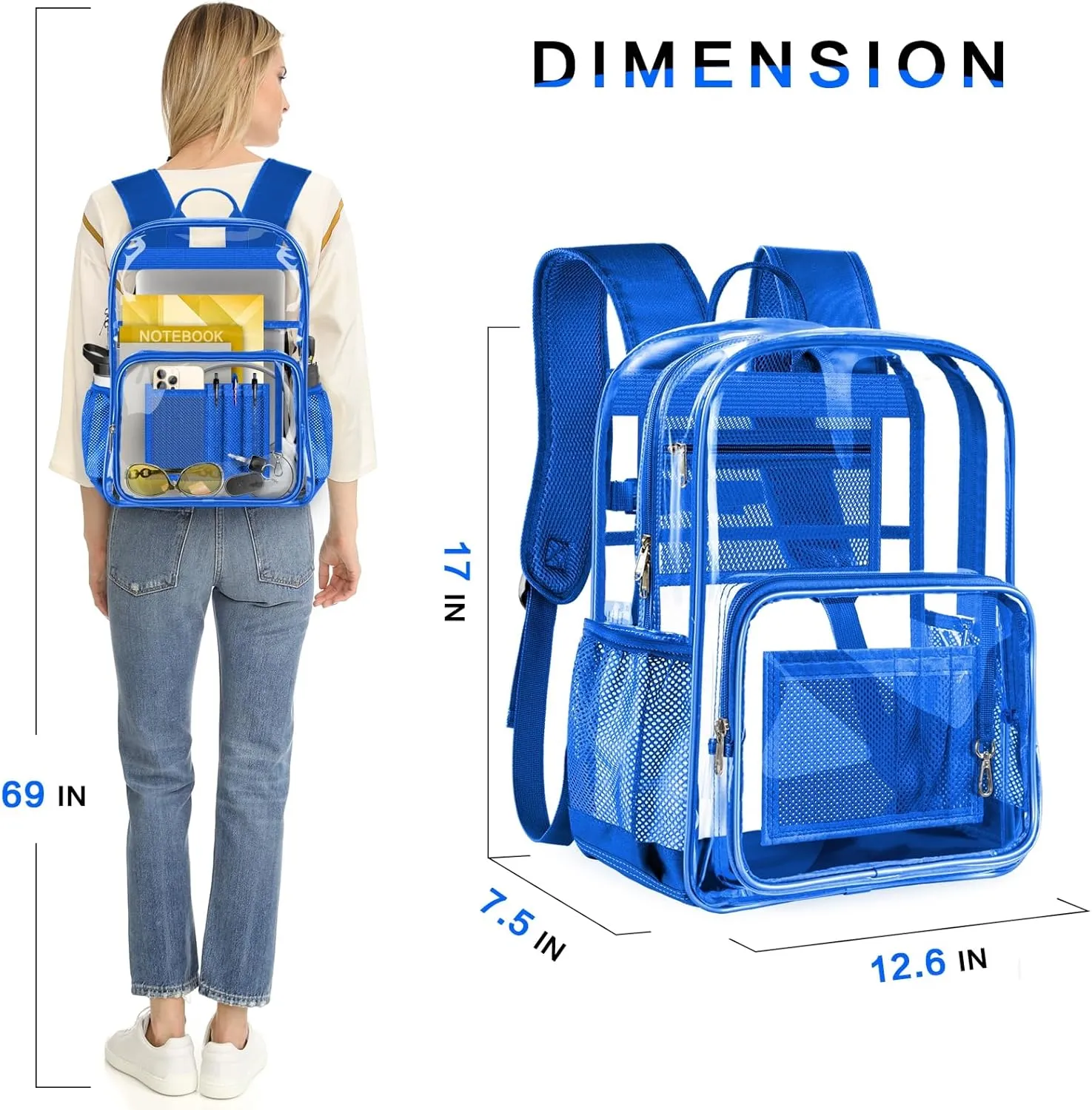 Clear Backpack Heavy Duty Large Transparent Backpack with Reinforced Bottom Multi-pockets for College, Travel, Workplace Security - Blue