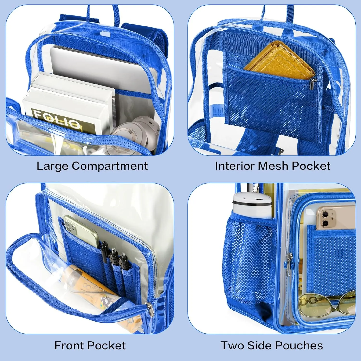 Clear Backpack Heavy Duty Large Transparent Backpack with Reinforced Bottom Multi-pockets for College, Travel, Workplace Security - Blue