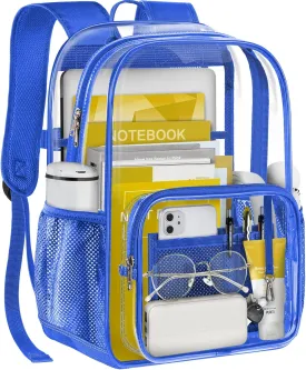Clear Backpack Heavy Duty Large Transparent Backpack with Reinforced Bottom Multi-pockets for College, Travel, Workplace Security - Blue