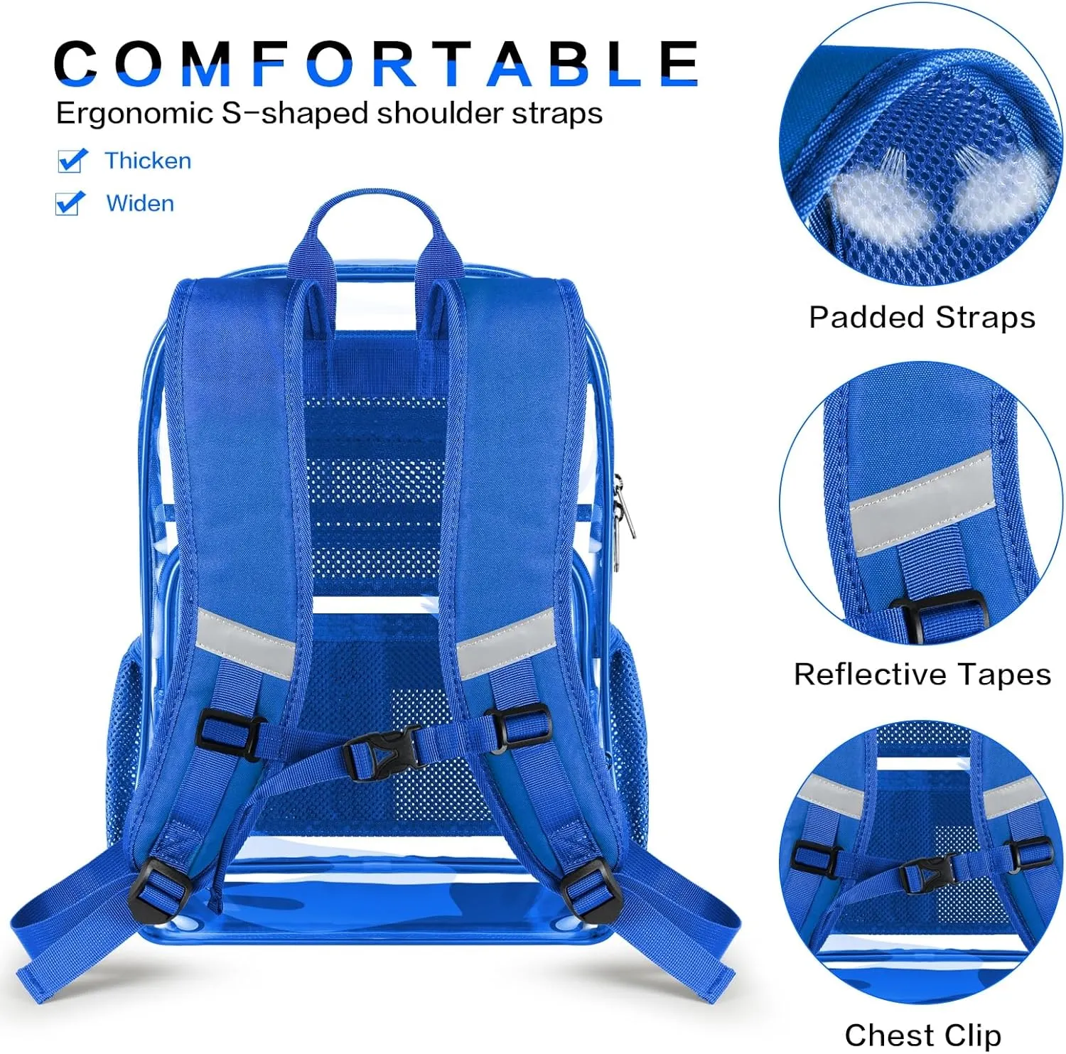 Clear Backpack Heavy Duty Large Transparent Backpack with Reinforced Bottom Multi-pockets for College, Travel, Workplace Security - Blue