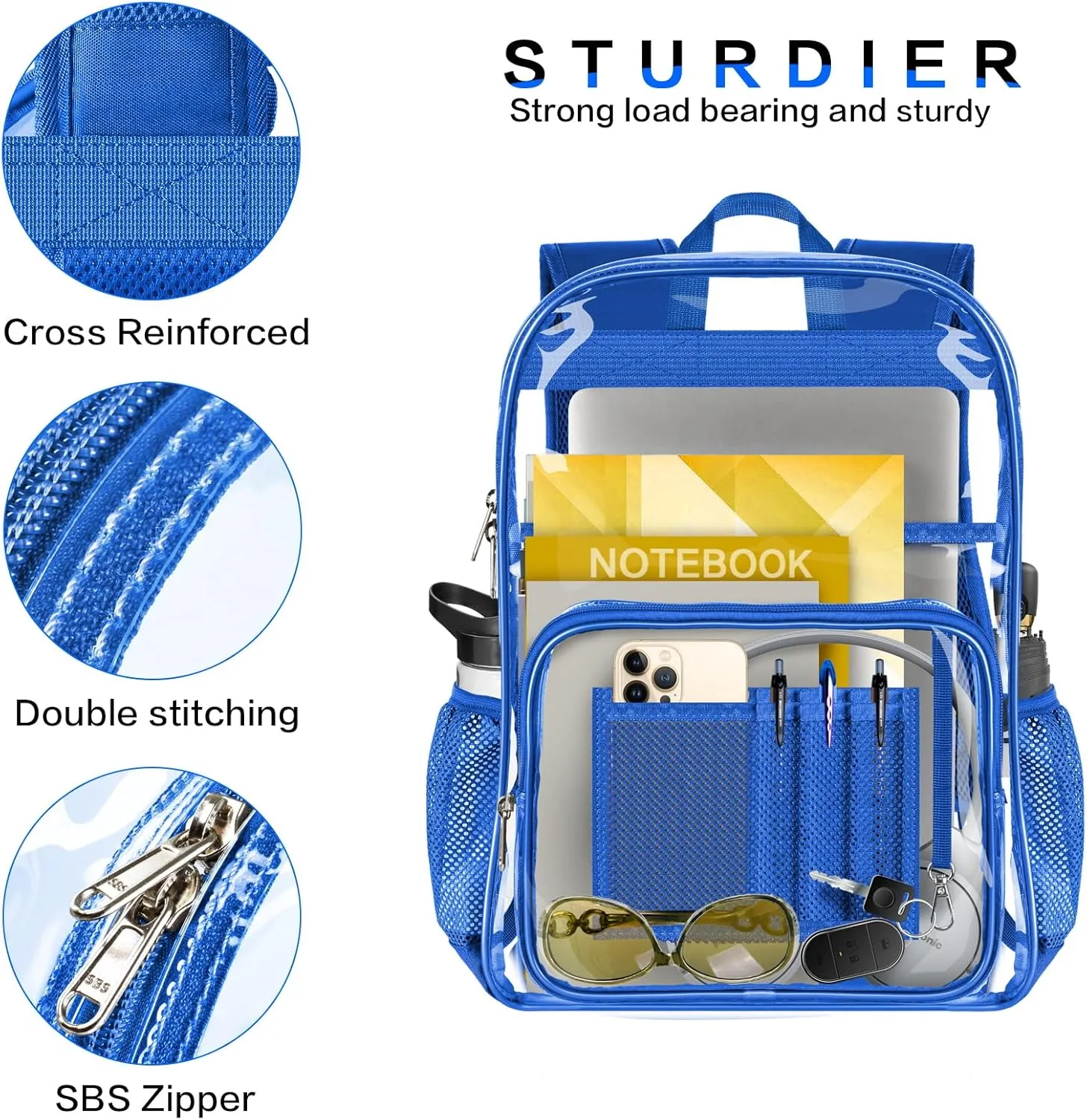 Clear Backpack Heavy Duty Large Transparent Backpack with Reinforced Bottom Multi-pockets for College, Travel, Workplace Security - Blue