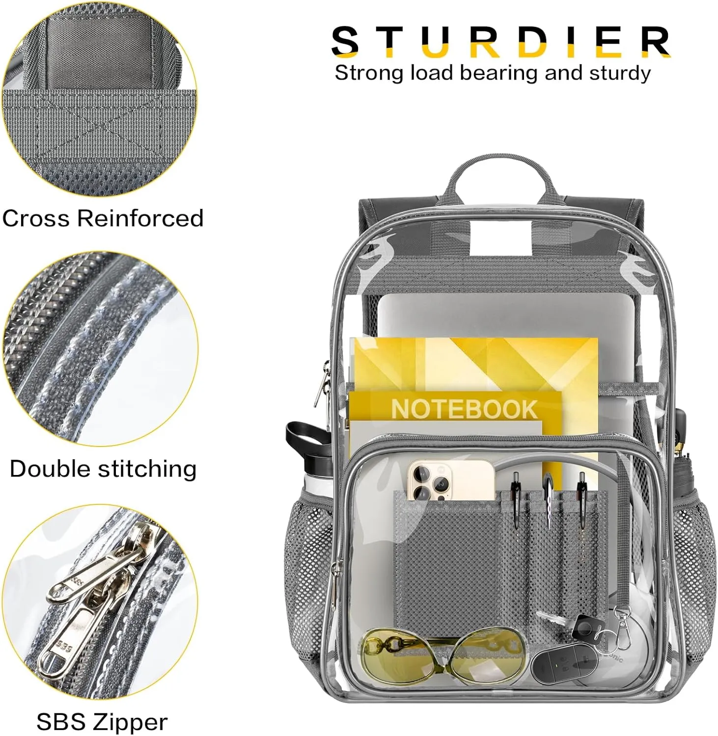 Clear Backpack Heavy Duty Large Transparent Backpack with Reinforced Bottom Multi-pockets for College, Travel, Workplace Security - Gray
