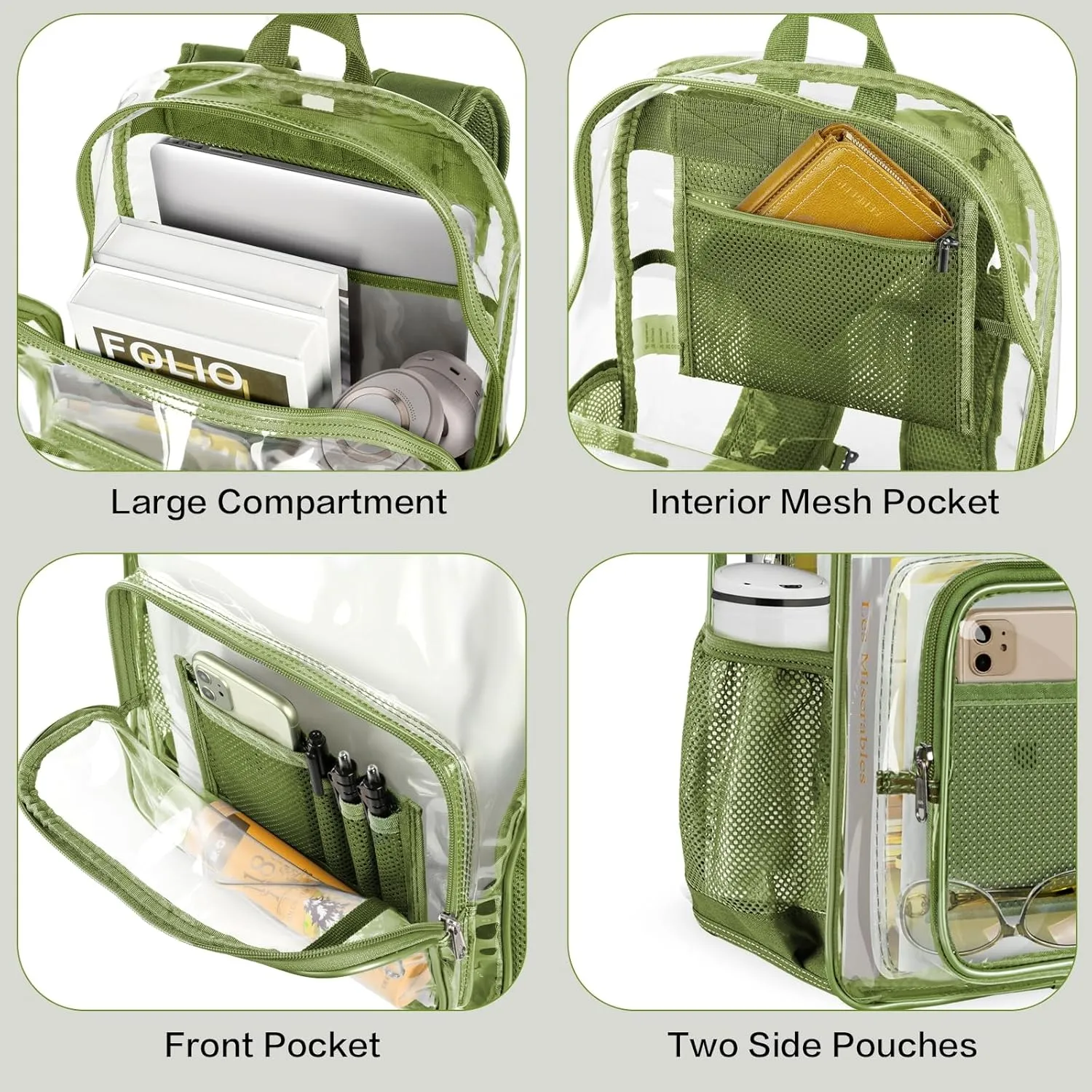 Clear Backpack Heavy Duty Large Transparent Backpack with Reinforced Bottom Multi-pockets for College, Travel, Workplace Security - Green