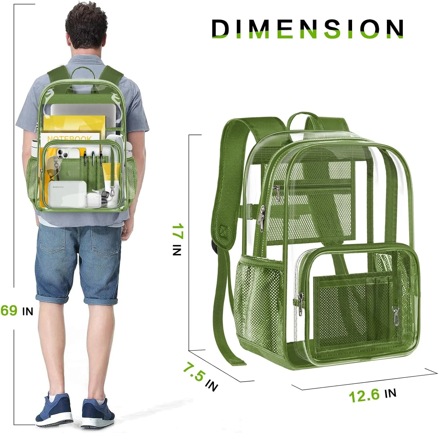 Clear Backpack Heavy Duty Large Transparent Backpack with Reinforced Bottom Multi-pockets for College, Travel, Workplace Security - Green