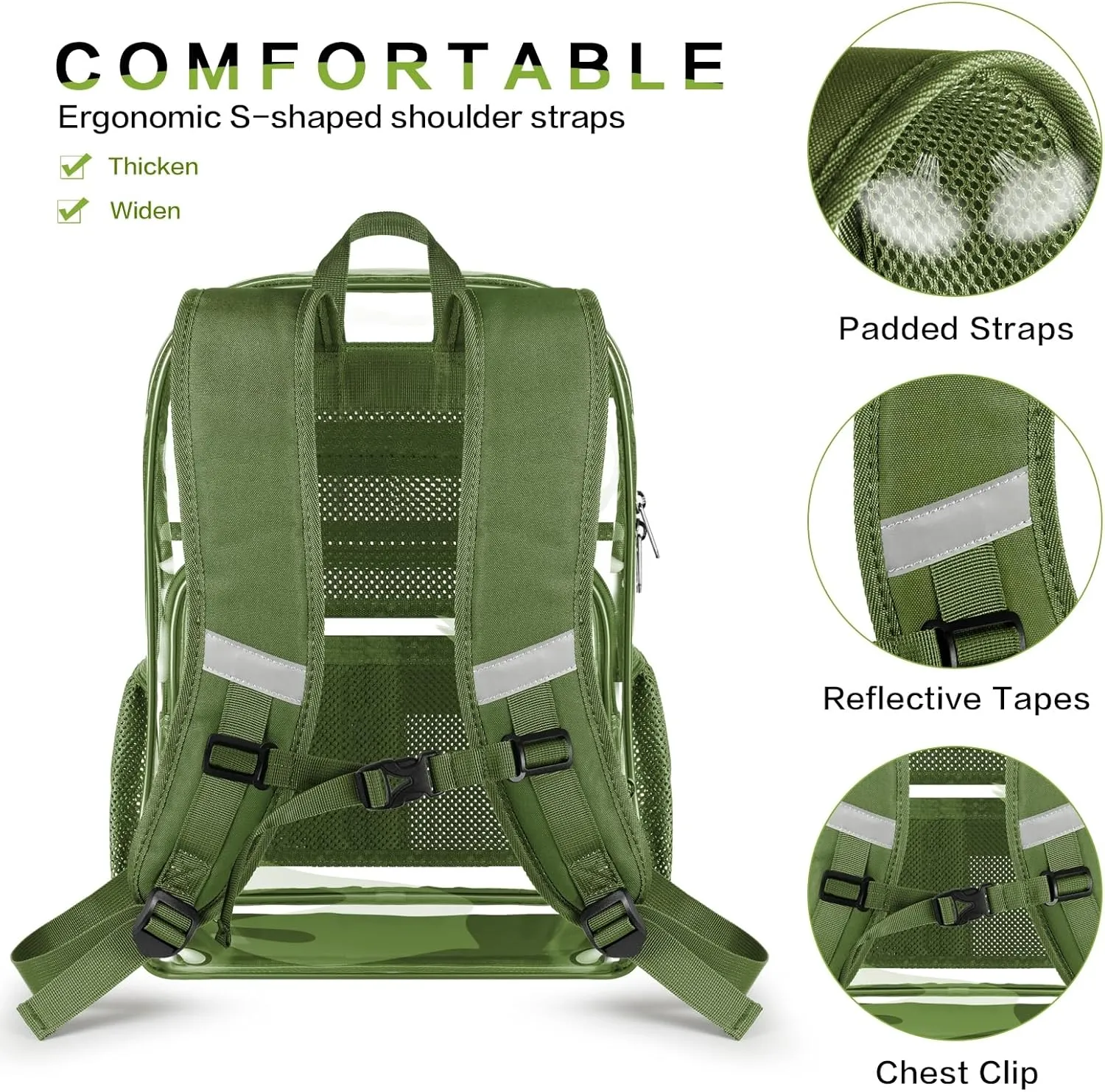 Clear Backpack Heavy Duty Large Transparent Backpack with Reinforced Bottom Multi-pockets for College, Travel, Workplace Security - Green