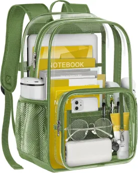 Clear Backpack Heavy Duty Large Transparent Backpack with Reinforced Bottom Multi-pockets for College, Travel, Workplace Security - Green
