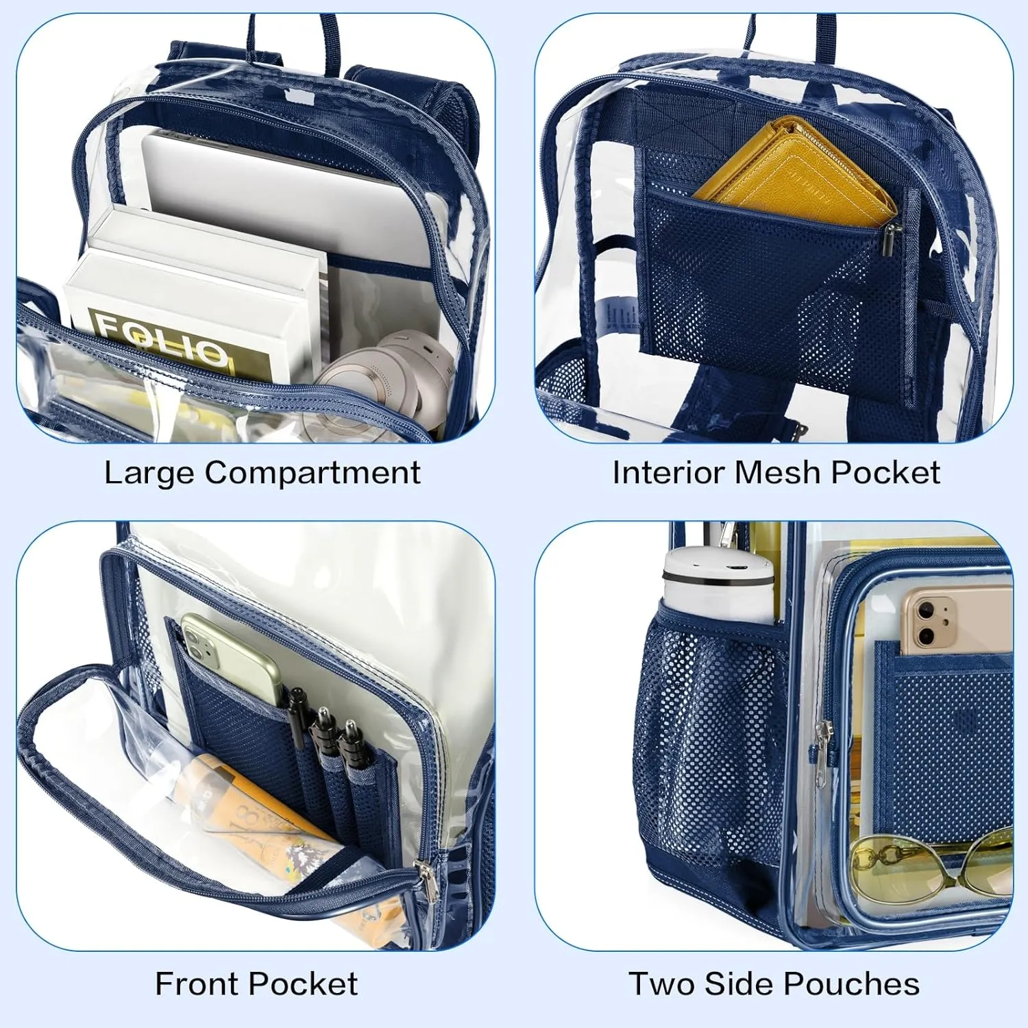 Clear Backpack, Heavy Duty Transparent Backpack with Reinforced Bottom See Through Bag for College, Travel, Workplace Security - Navy