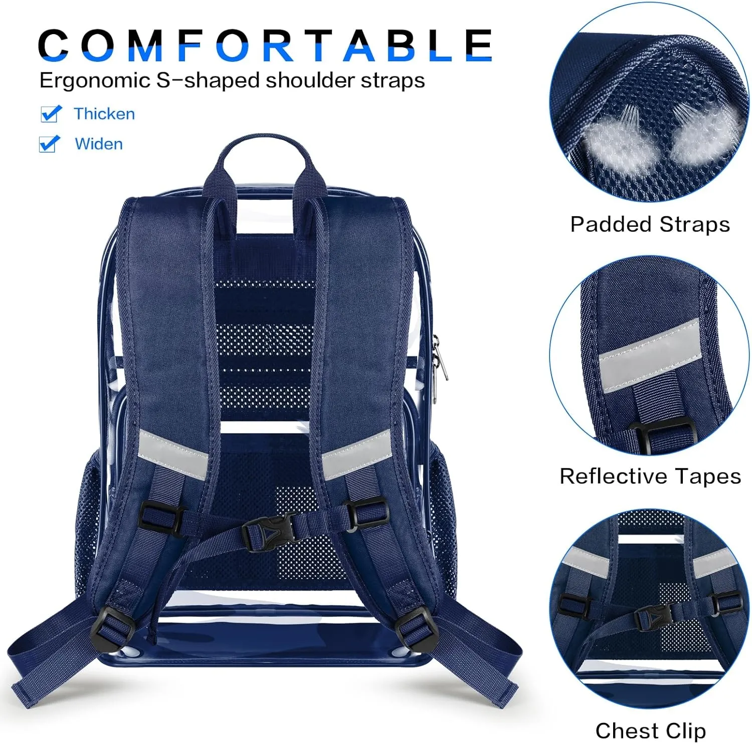 Clear Backpack, Heavy Duty Transparent Backpack with Reinforced Bottom See Through Bag for College, Travel, Workplace Security - Navy