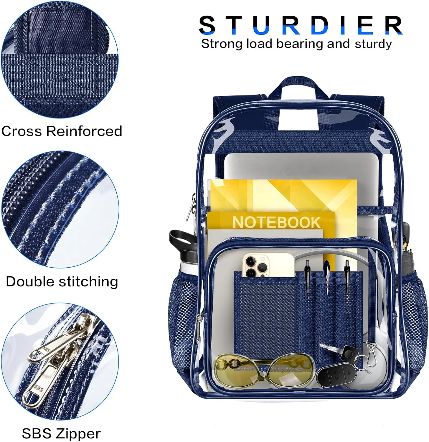 Clear Backpack, Heavy Duty Transparent Backpack with Reinforced Bottom See Through Bag for College, Travel, Workplace Security - Navy