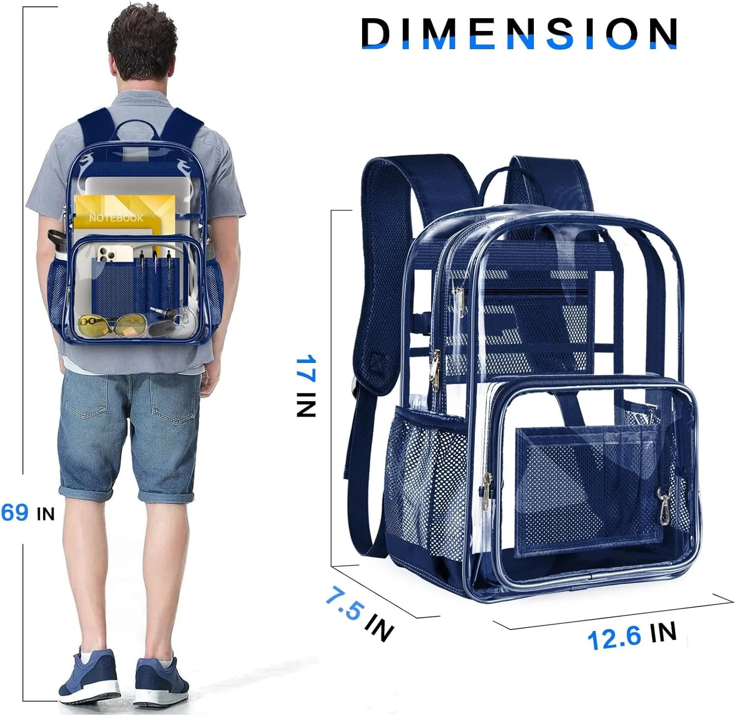 Clear Backpack, Heavy Duty Transparent Backpack with Reinforced Bottom See Through Bag for College, Travel, Workplace Security - Navy