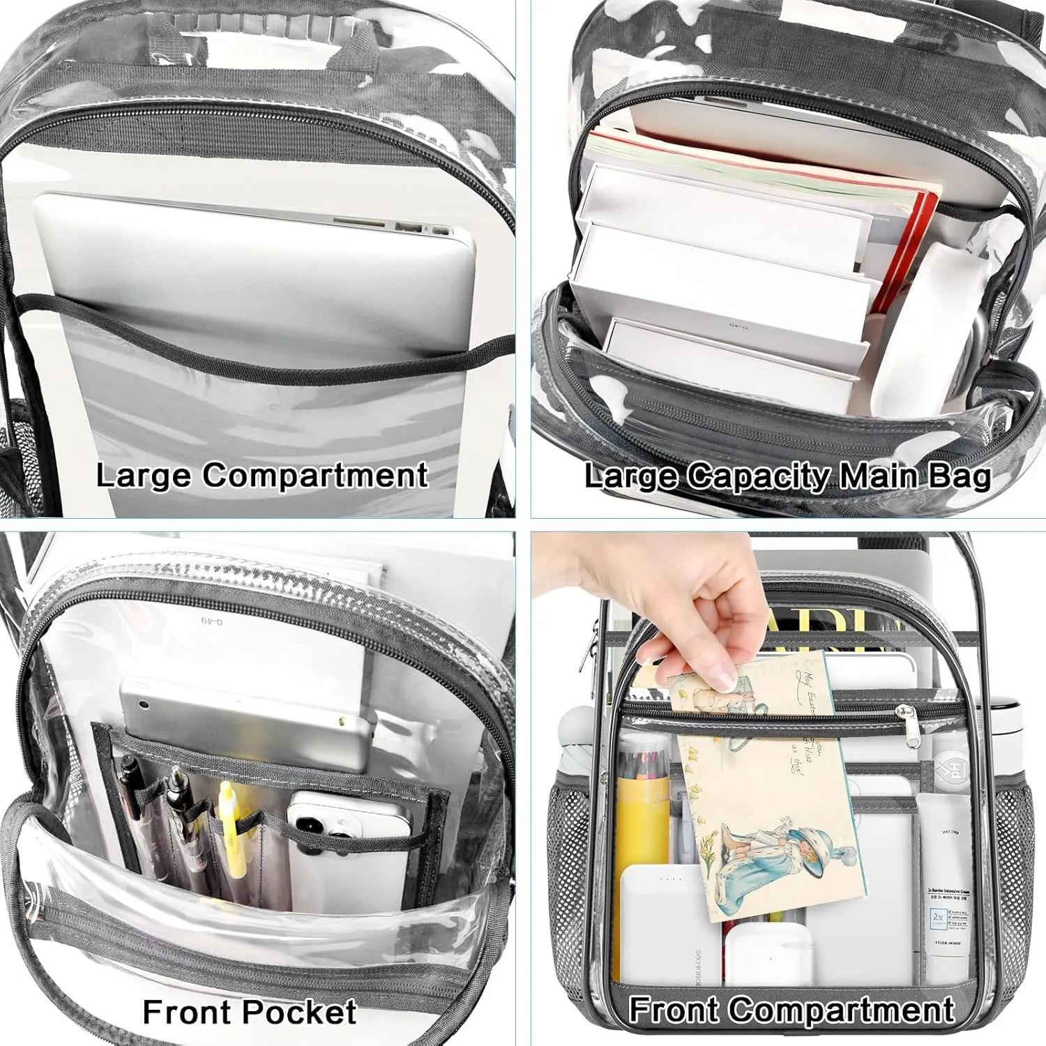 Clear Backpack, Heavy Duty Transparent Bag with Reinforced Bottom Multi-pockets See Through Backpack for College Work Travel Security - Gray