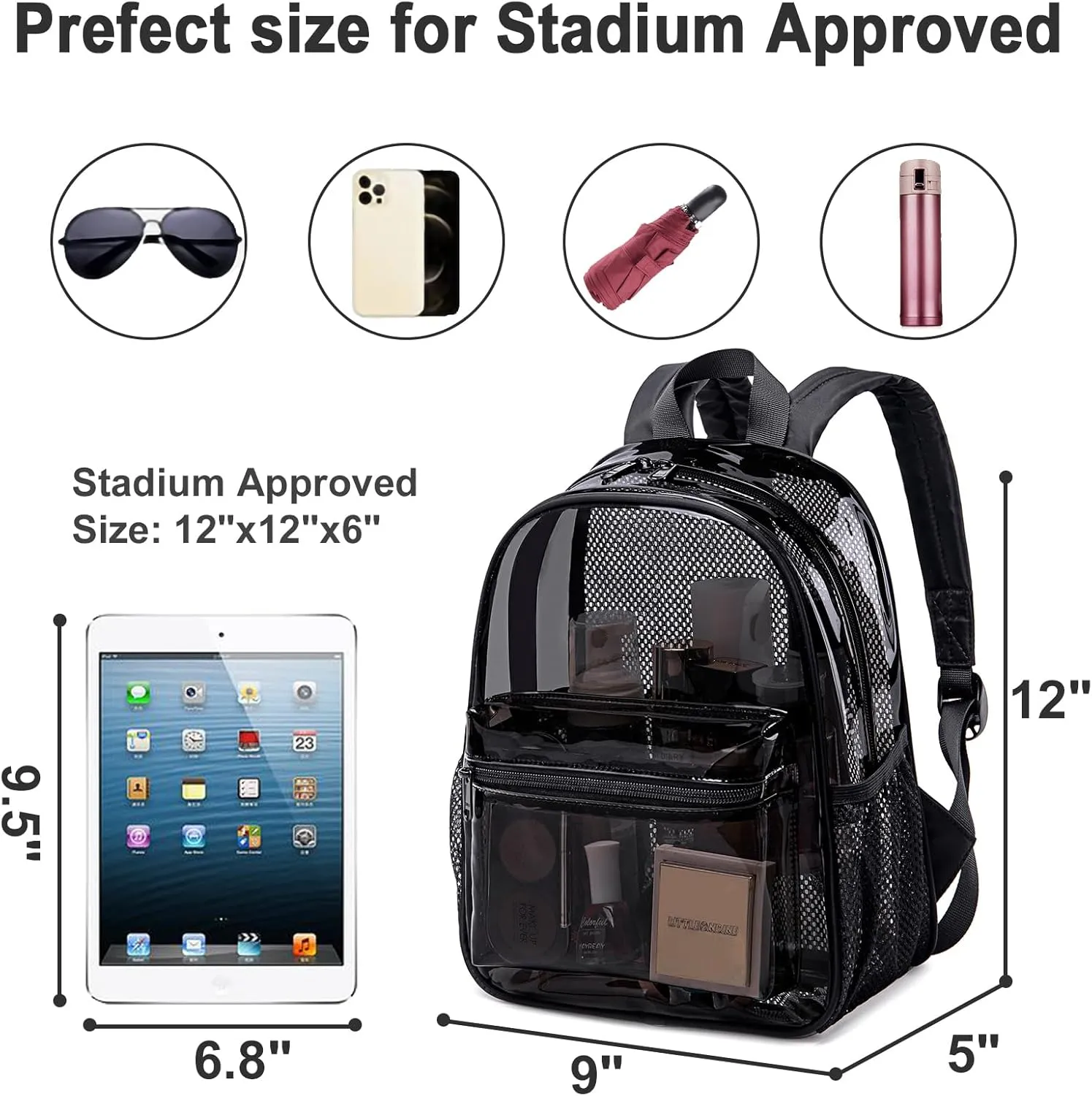 Clear Mini Backpack Stadium Events 12x12x6 Small Transparent Backpacks Plastic See Through Bag for Work Festival Security Travel