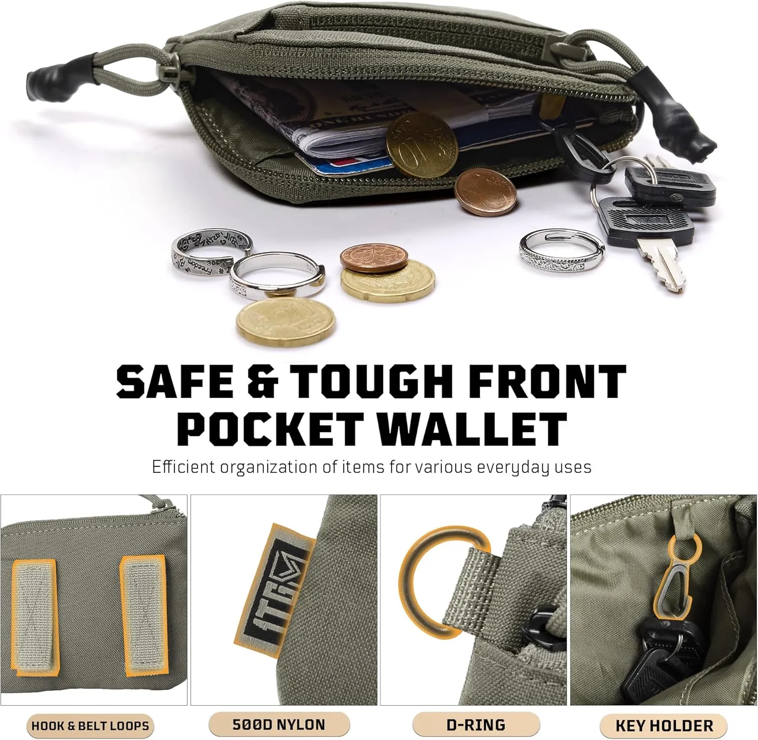 Coin Purse, 500D NYLON Small Coin Pouch for Men, Slim Wallet Minimalist Money Pouch Change Bag Tactical ID Card Holder with YKK Zipper, Father's Day Gifts for Dad