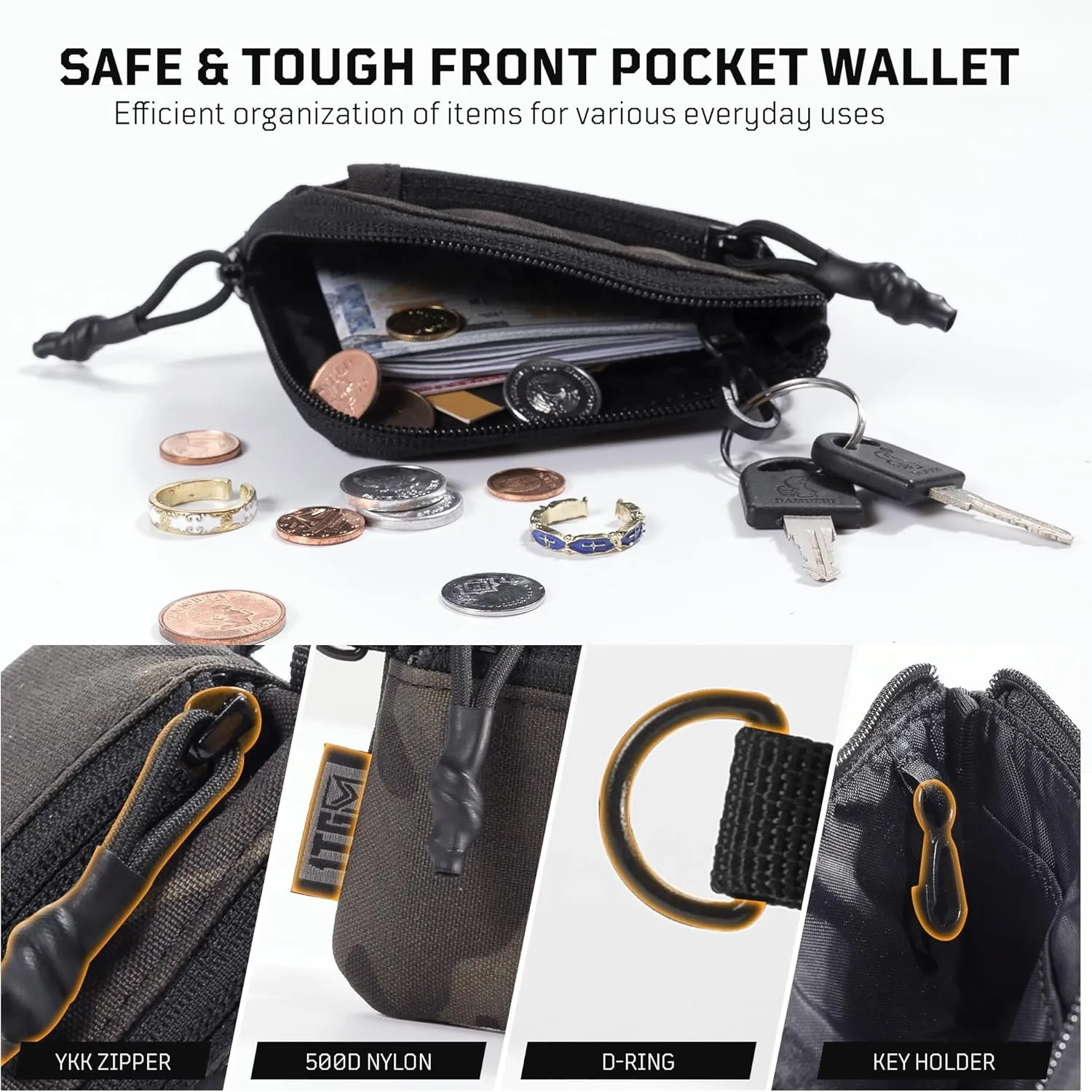 Coin Purse, 500D NYLON Small Coin Pouch for Men, Slim Wallet Minimalist Money Pouch Change Bag Tactical ID Card Holder with YKK Zipper, Father's Day Gifts for Dad